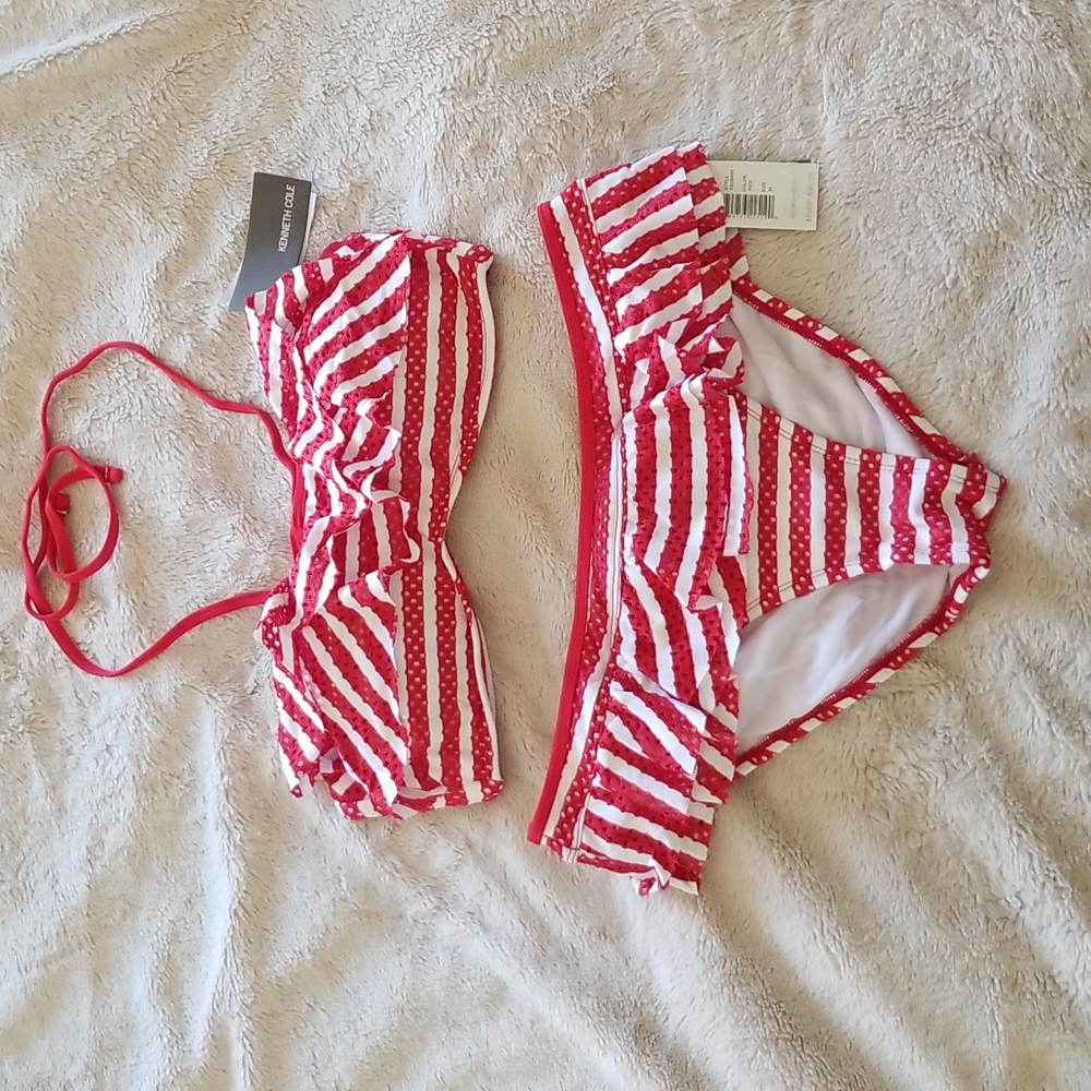 Kenneth Cole Bikini Ruffle Bandeau Top, Flounce Hipster Bottom Red/White Medium
